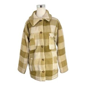 Billabong Jacket Women's Med Green Tan White Plaid Sherpa Fleece Shacket Pockets